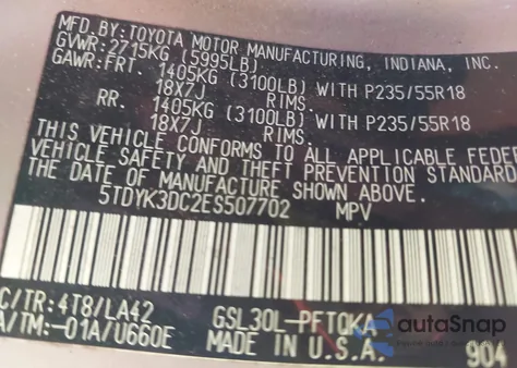 2014 Toyota Sienna Limited V6 7 Passenger z USA, uszkodzony, nr VIN 5TDYK3DC2ES507702